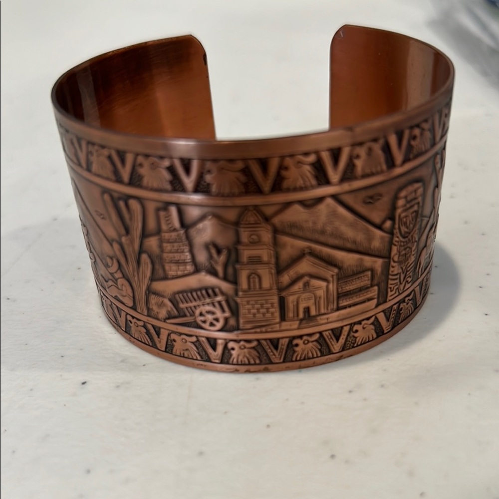 Copper Engraved Copper Cuff Bracelet. Mexican Motif.